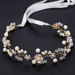 KAYZON Hair Accessories: Bridal Pearl Flower Headpiece Headband for Girls, Flower Girls, and Women (Gold)