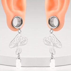 DOEARKO 2PCS Mushroom-Pendant Natural Stone Hypoallergenic Stainless Steel Dangle Ear Plugs Tunnels Ear Gauges Stretcher Pair Selling 2g 0g Piercing Body Jewelry (8mm(0G), Silver)