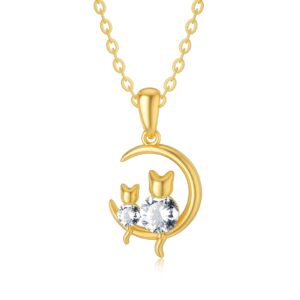 MRENITE Solid 14k Yellow Gold Cat Moon Necklace with Cubic Zirconia Cat Sitting on Crescent Moon Pendant Animal Jewelry Gifts for Women