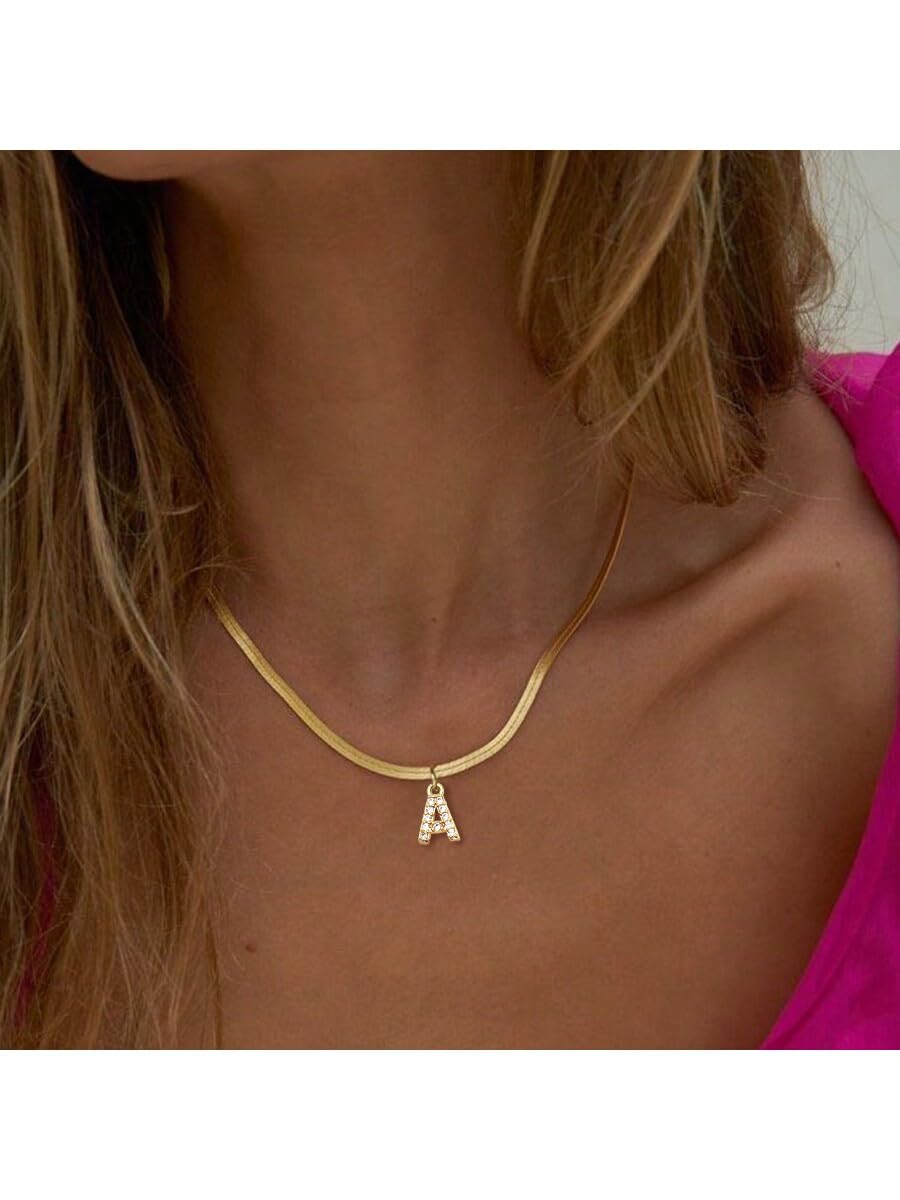 Gold Initial Necklaces For Women Trendy,Dainty 18k Gold Plated Charm Choker Necklace For Women Herringbone Chain Necklaces Jewelry A