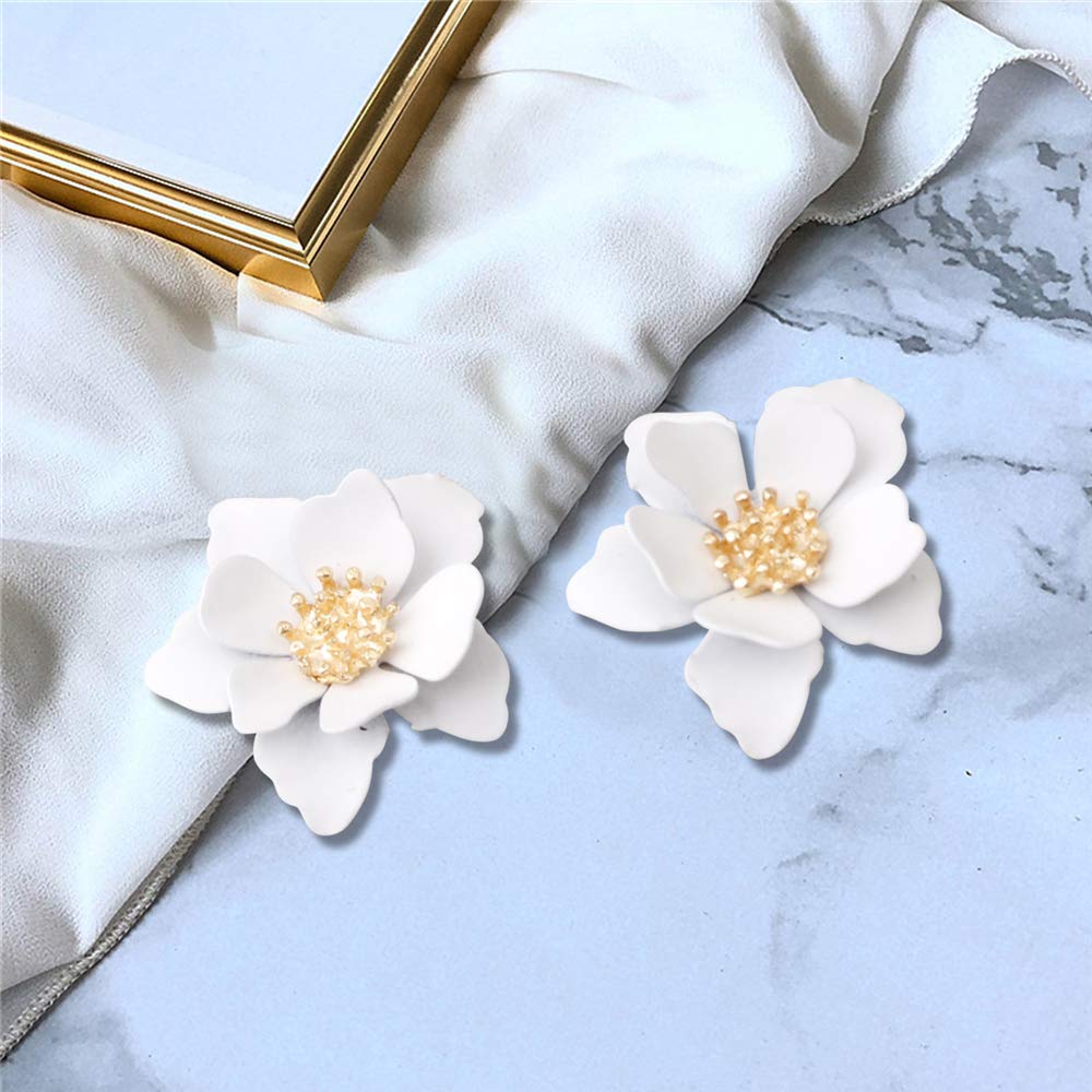 Chic Cute Boho Matte Flower Statement Stud Earrings with Gold Flower Bud for Women Sister Mom Lover and Friends (White)