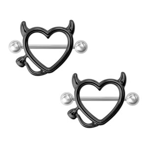 MIFYNN 1 Pair Nipple Rings for Women,Devil Heart Nipple Rings Surgical Steel Nipple Piercing Bar Shield Cover Barbell Sexy Piercings Nipple Hoops Piercing Jewelry for Girls (Black)