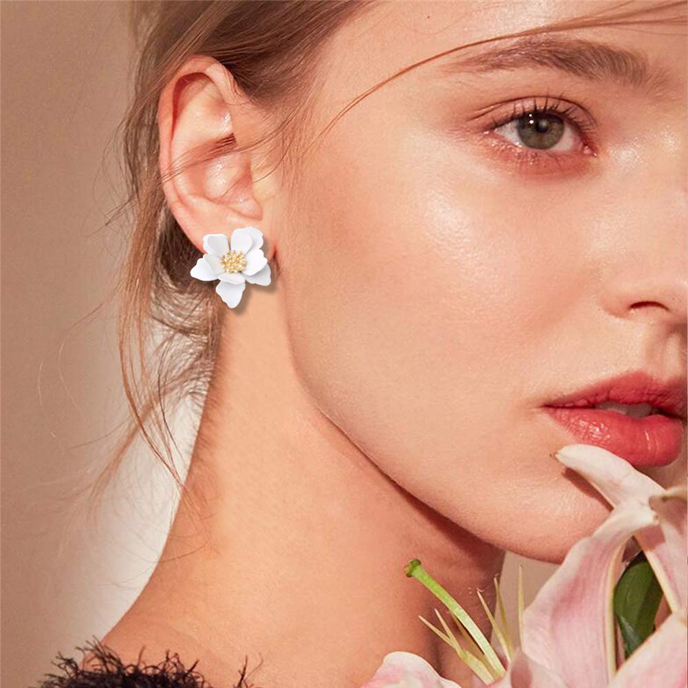 Chic Cute Boho Matte Flower Statement Stud Earrings with Gold Flower Bud for Women Sister Mom Lover and Friends (White)