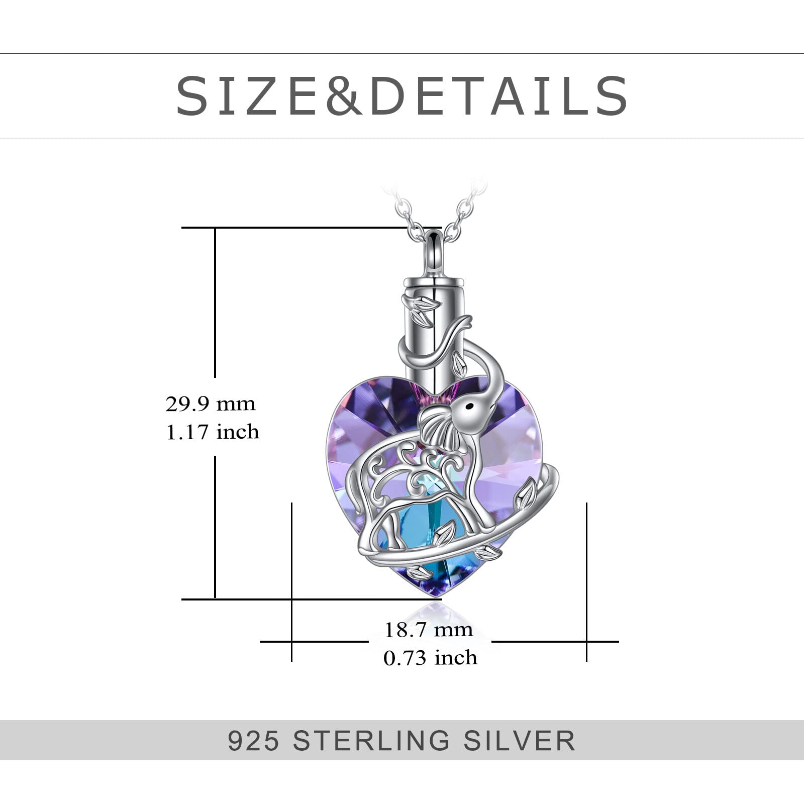 YFN Heart Crystal Urn Necklace for Ashes Cremation Jewelry Sterling Silver with Purple Blue Crystal Jewelry Gifts for Women Girls (Elephant)