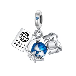 LUXILLA Airplane Passport Earth Camera Charm Silver Charms 925 Sterling Silver fits Bracelets Necklace Pendant Bead Charms Jewelry Gift for Women Family Friends