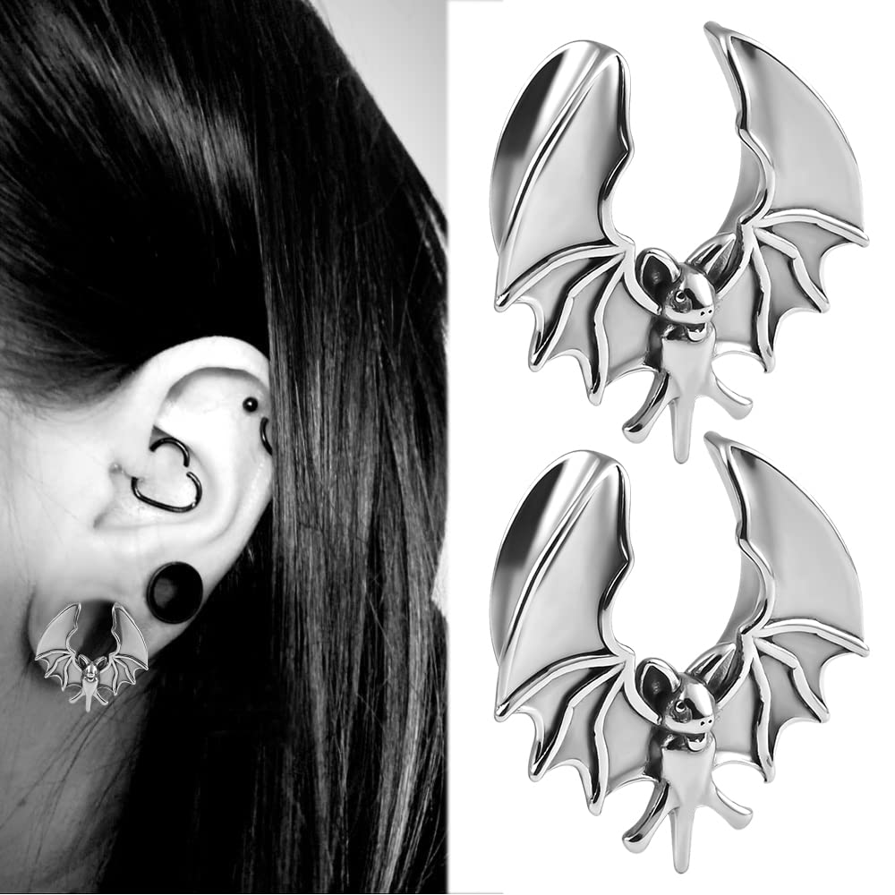 DOEARKO 2PCS Ear Gauges Cool Bat Saddle Ear Plugs Tunnels 316 Stainless Steel Hypoallergenic Earrings Gauges for Ears Expander Body Piercing Jewelry (19mm(3/4"), Silver)