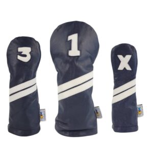 sunfish navy blue and white leather golf club headcover set 1-3-x driver fairway hybrid