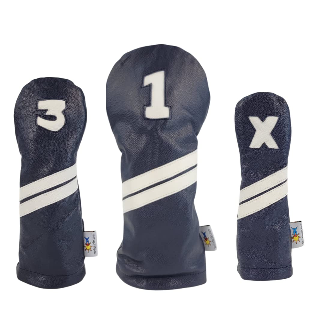 Sunfish Navy Blue and White Leather Golf Club Headcover Set 1-3-X Driver Fairway Hybrid