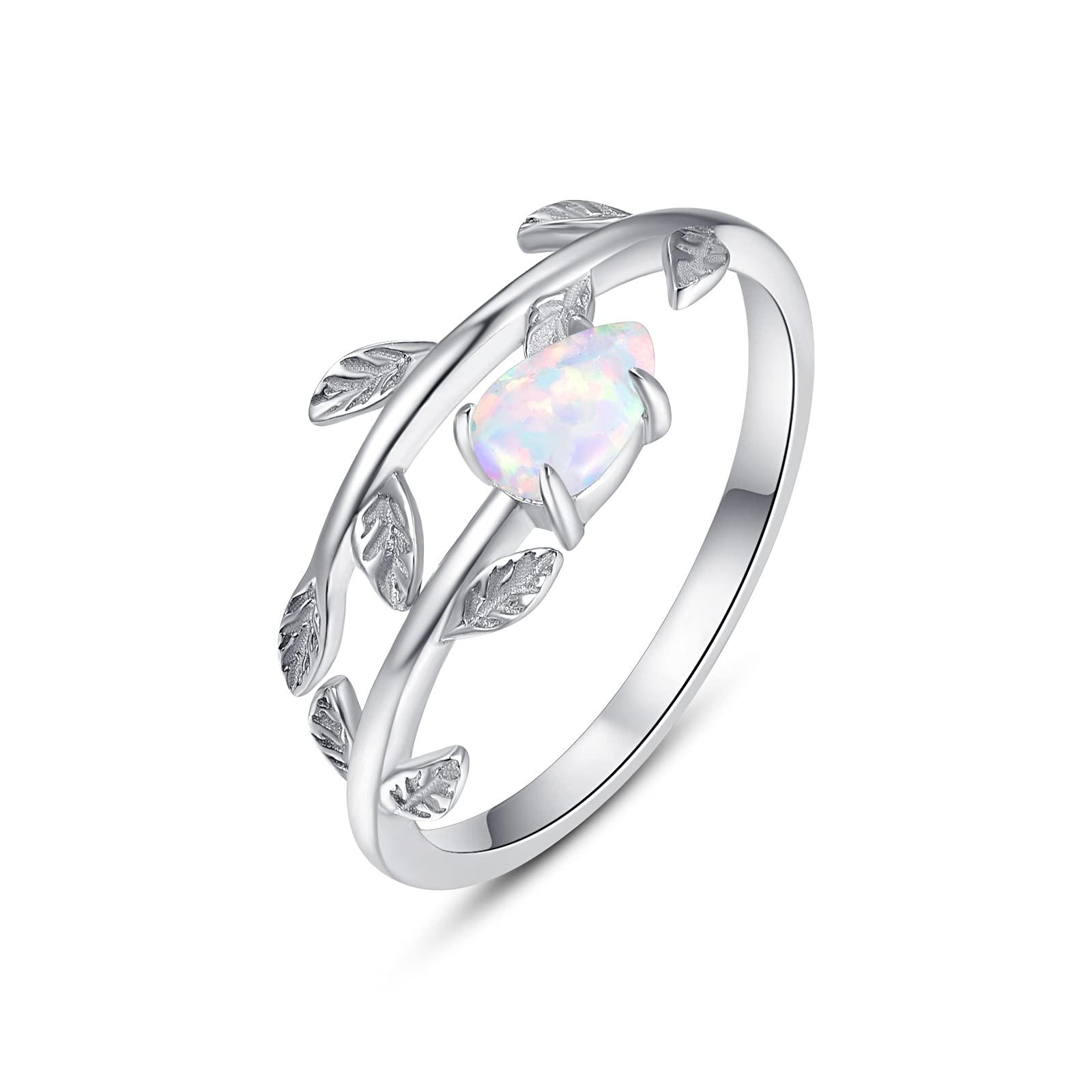 PRAYMOS White Opal Leaf Rings for Women Adjustable Thumb Rings Engagement Wedding Sterling Silver Rings Size 4 5 6 Christmas Gifts