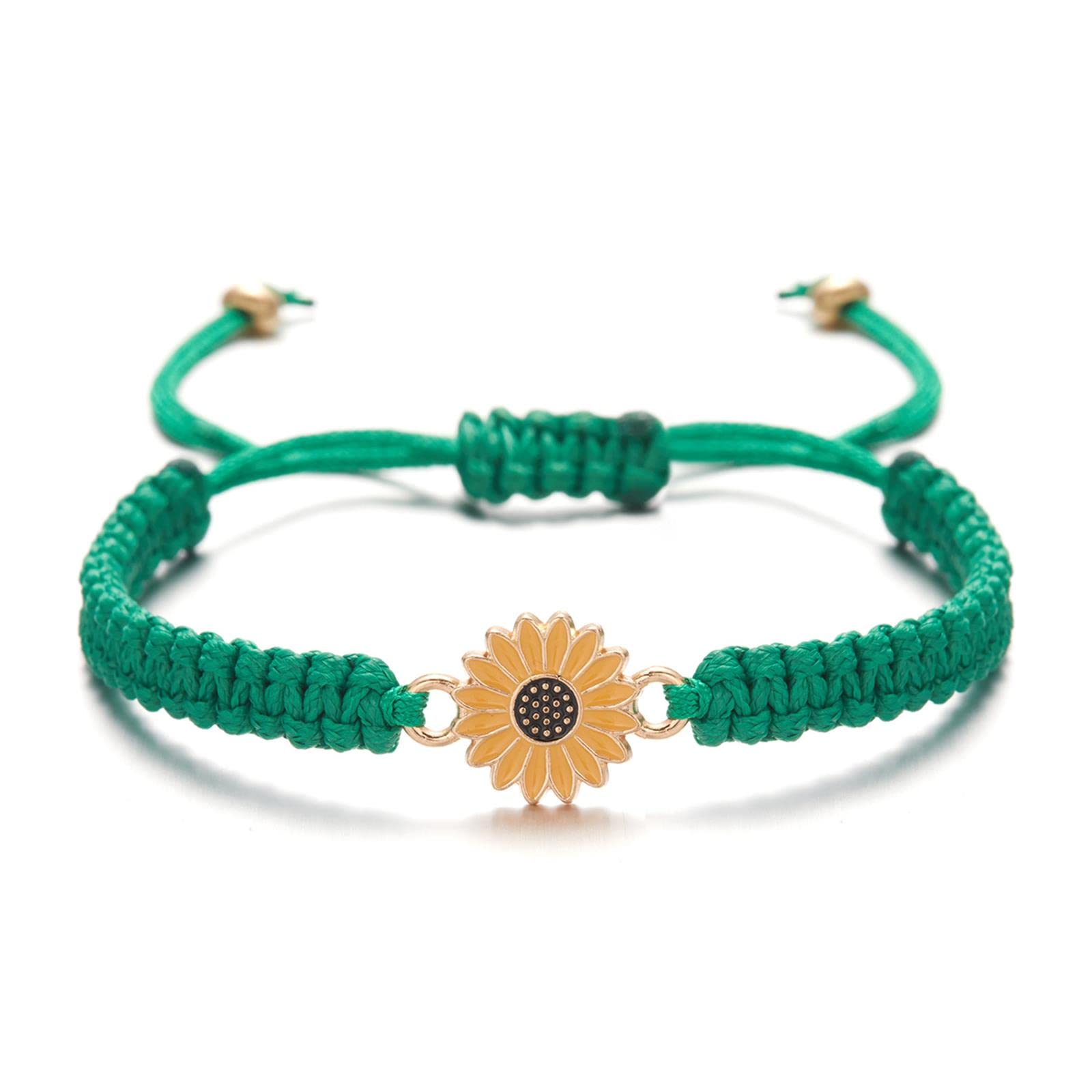 Kicomvi Sunflower Bracelets Adjustable Boho Sunflower Daisy Charm Bracelets Handmade Braided Rope Friendship Matching Bracelets Promise Bracelets for Couples Women Friends Summer Jewelry-green