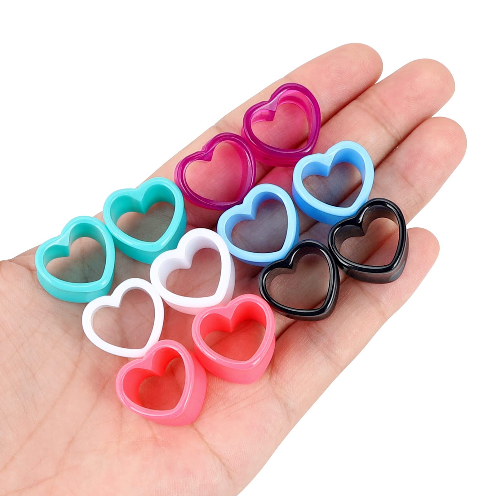 Qmcandy 6 Pairs Acrylic Heart Shape Ear Tunnels Plugs Colorful Gauges for Ears 00g