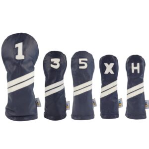 Sunfish Navy Blue and White Leather Golf Club Headcover 5 Piece Set 1 3 5 X H Driver 2 Fairways 2 Hybrids