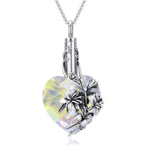 toupop lily urn necklace heart cremation jewelry for ashes 925 sterling silver flower pendant necklaces with crystal w/funnel filler memorial keepsakes jewelry gifts for women girls