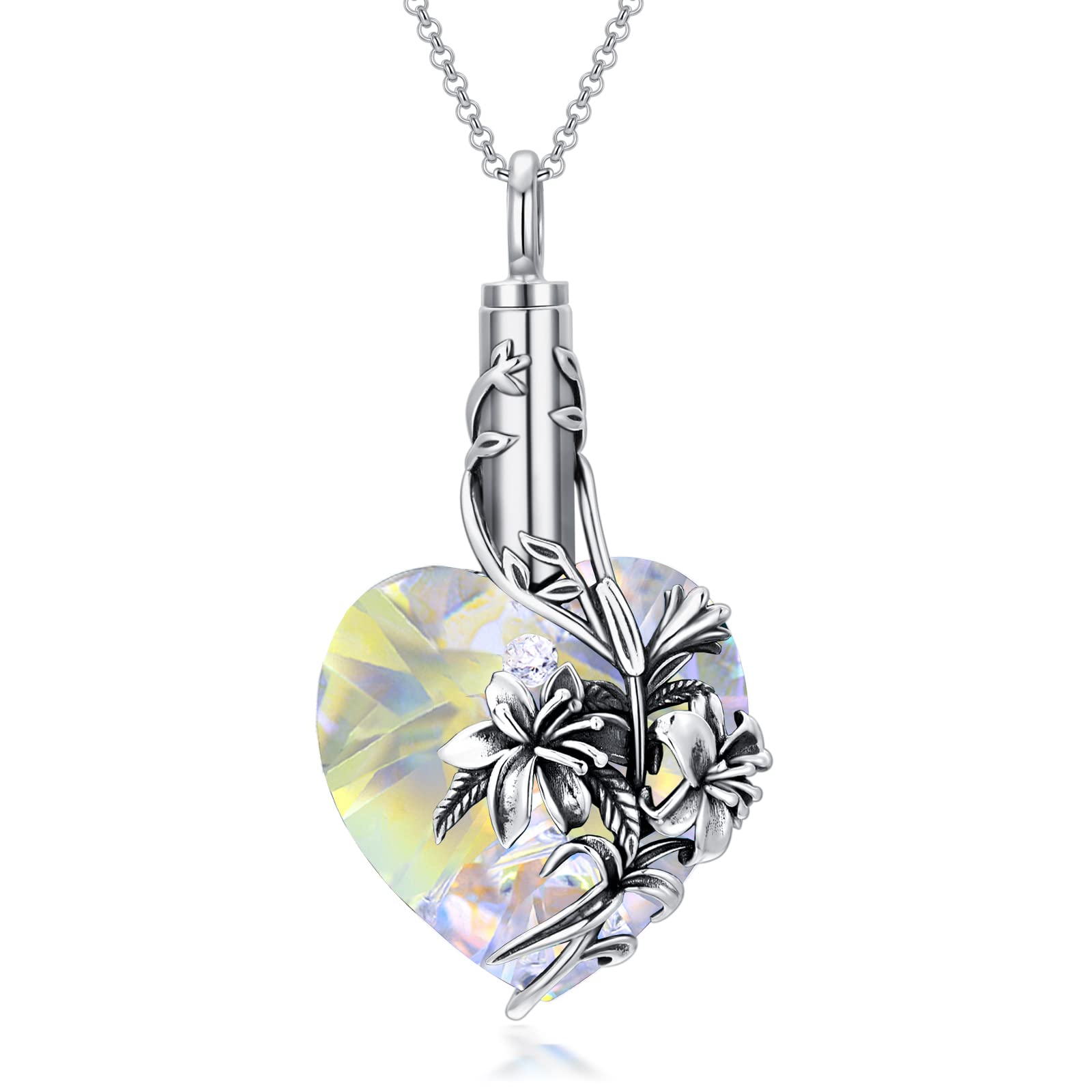 TOUPOP Lily Urn Necklace Heart Cremation Jewelry for Ashes 925 Sterling Silver Flower Pendant Necklaces with Crystal w/Funnel Filler Memorial Keepsakes Jewelry Gifts for Women Girls