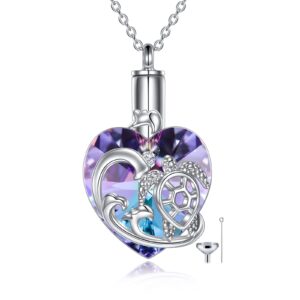 yfn heart crystal urn necklace for ashes cremation jewelry sterling silver with purple blue crystal jewelry gifts for women girls (turtle)