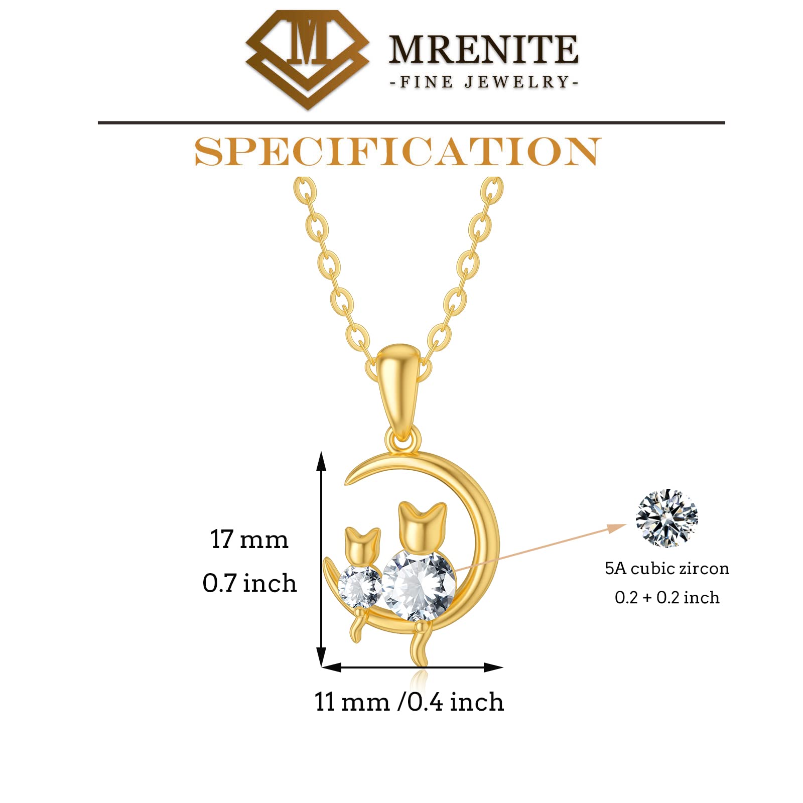 MRENITE Solid 14k Yellow Gold Cat Moon Necklace with Cubic Zirconia Cat Sitting on Crescent Moon Pendant Animal Jewelry Gifts for Women