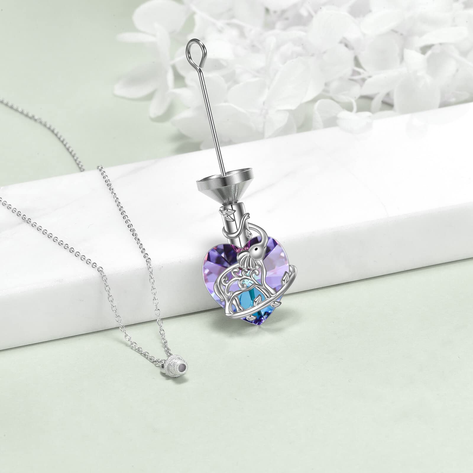 YFN Heart Crystal Urn Necklace for Ashes Cremation Jewelry Sterling Silver with Purple Blue Crystal Jewelry Gifts for Women Girls (Elephant)