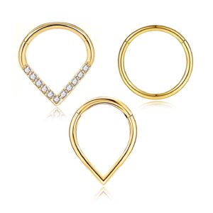 MeiziQL 3Pcs Septum Rings 16G Teardrop Septum ring 316L Surgical Steel Daith Conch Rook Tragus Cartilage Earrings Hypoallergenic Piercing Jewelry for Women Men 8mm (CZ Teardrop Gold)