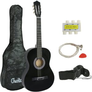 Smartxchoices 38" Kids Acoustic Guitar Bundle Kit for Starter Beginner Music Lovers, 6-String Folk Guitar with Gig Bag, Extra Set Steel Strings, Strap, Pitch Pipe and Pick, Black