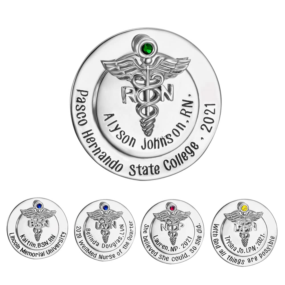 Custom Medical Caduceus Nursing Pin Stainless Steel Personalized Birthstone Role Engraving NP LPN LVN BSN RN Pins For Hospital Ceremony Graduation School