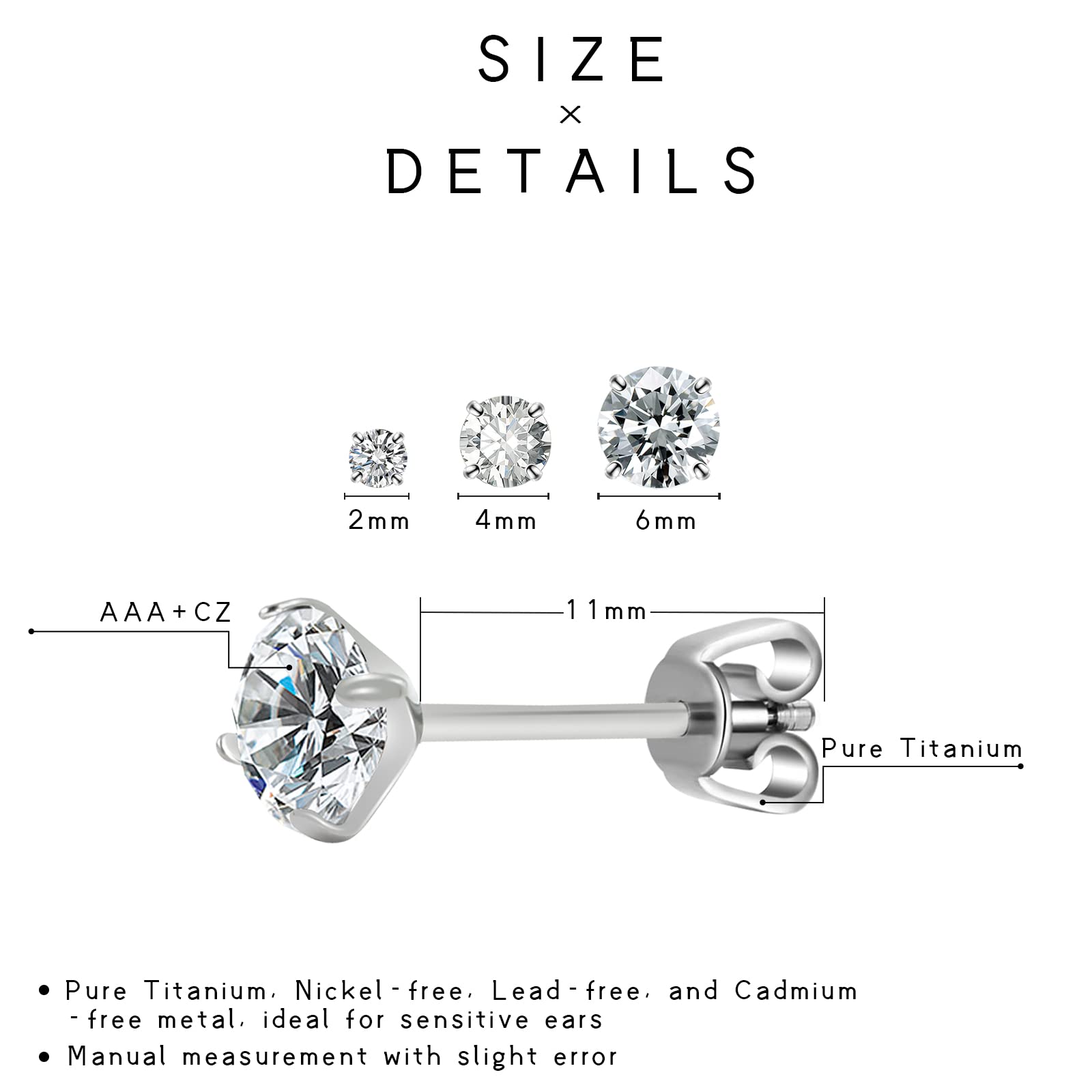 LOSTERLO 1 pair/3 pairs Clear Cubic Zirconia Jewelry Set Pure Titanium Earrings For Sensitive Ears 2mm 4mm 6mm CZ Stud Earring for Women (2mm+4mm+6mm)