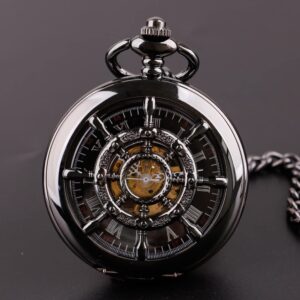 Whodoit Men's Mechanical Pocket Watch Black Rudder Pattern Double Open Hollow Roman Numerals Pocket Watch