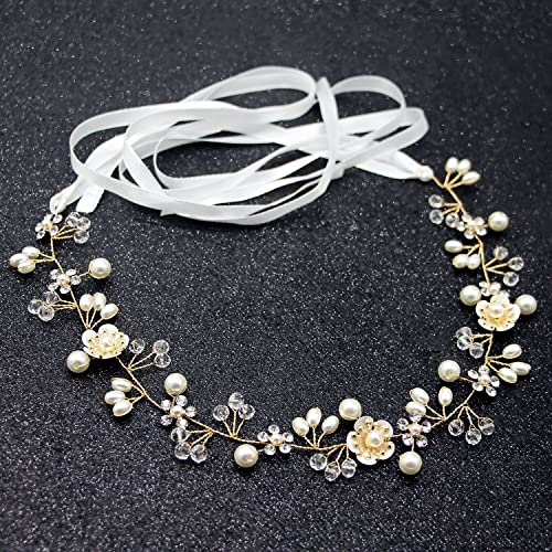 KAYZON Hair Accessories: Bridal Pearl Flower Headpiece Headband for Girls, Flower Girls, and Women (Gold)