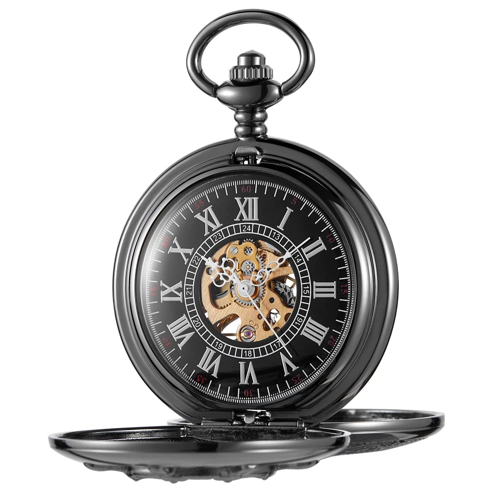 Whodoit Men's Mechanical Pocket Watch Black Rudder Pattern Double Open Hollow Roman Numerals Pocket Watch