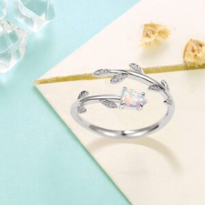 PRAYMOS White Opal Leaf Rings for Women Adjustable Thumb Rings Engagement Wedding Sterling Silver Rings Size 4 5 6 Christmas Gifts