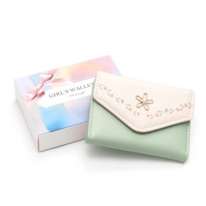 kuifang Girls Cute flowers Print Wallet, Small Tri-folded Aesthetic Wallet, PU Leather Purse Cash Pocket Card Holder ID Window Purse for Women(Green)