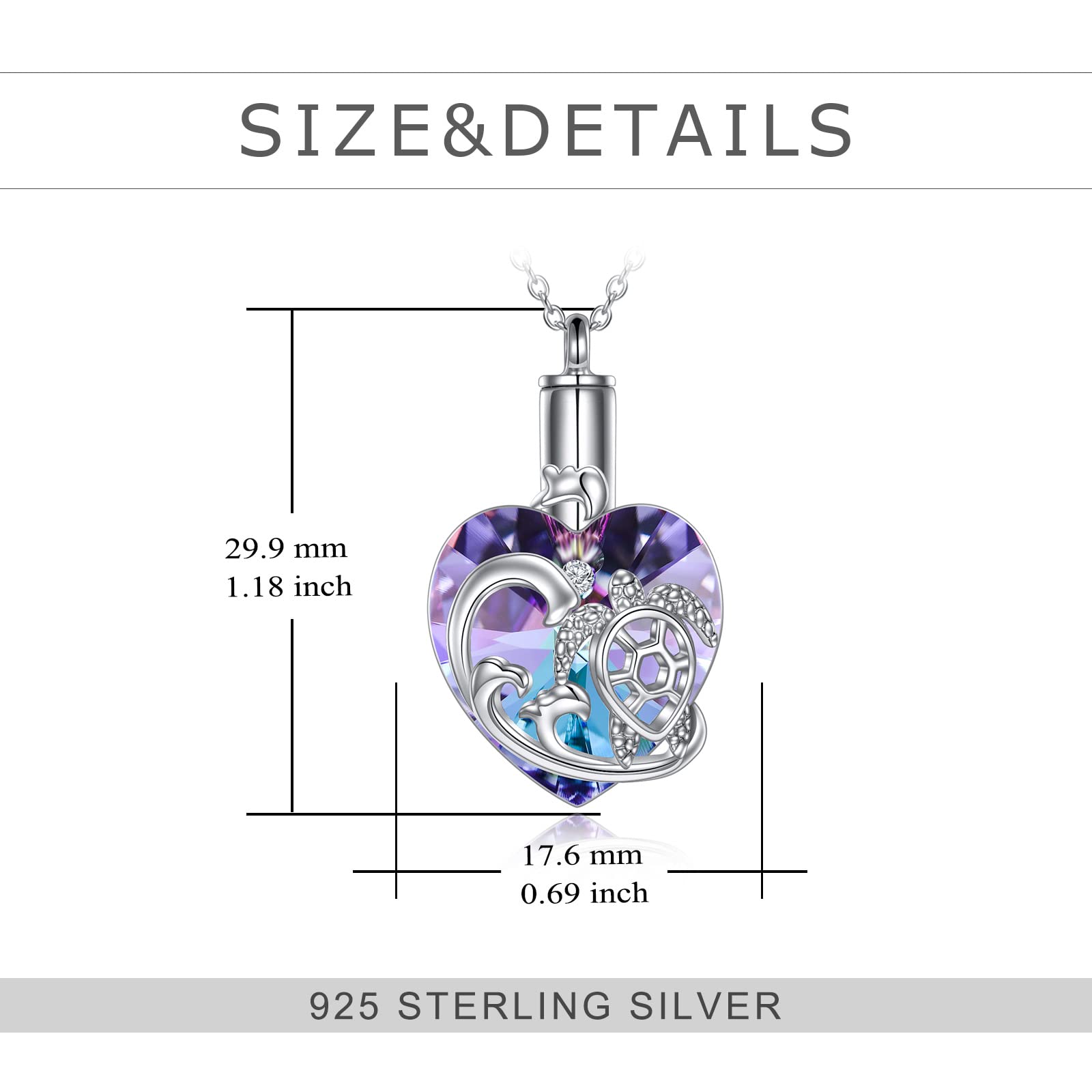 YFN Heart Crystal Urn Necklace for Ashes Cremation Jewelry Sterling Silver with Purple Blue Crystal Jewelry Gifts for Women Girls (Turtle)