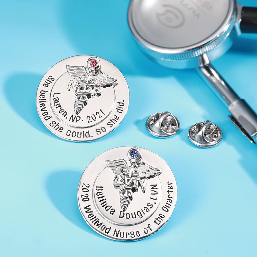 Custom Medical Caduceus Nursing Pin Stainless Steel Personalized Birthstone Role Engraving NP LPN LVN BSN RN Pins For Hospital Ceremony Graduation School