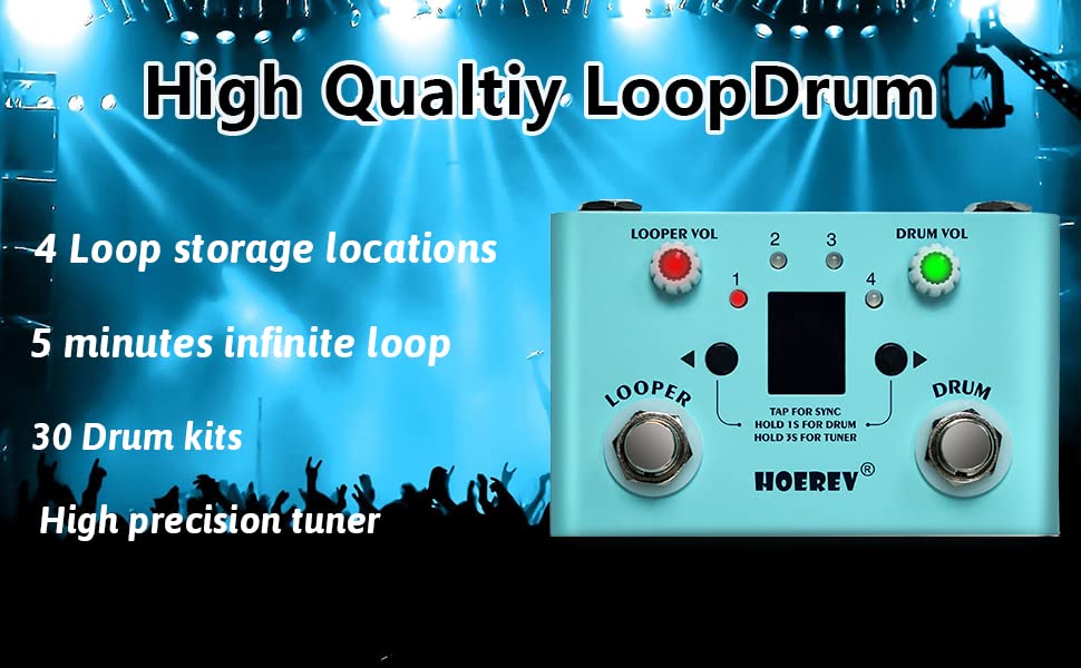 HOEREV Guitar Drum Machine Looper Tuner 3 In 1 Loop Pedal For Electric Guitar Bass Pedals Station Type C Can Be Power Supply Port