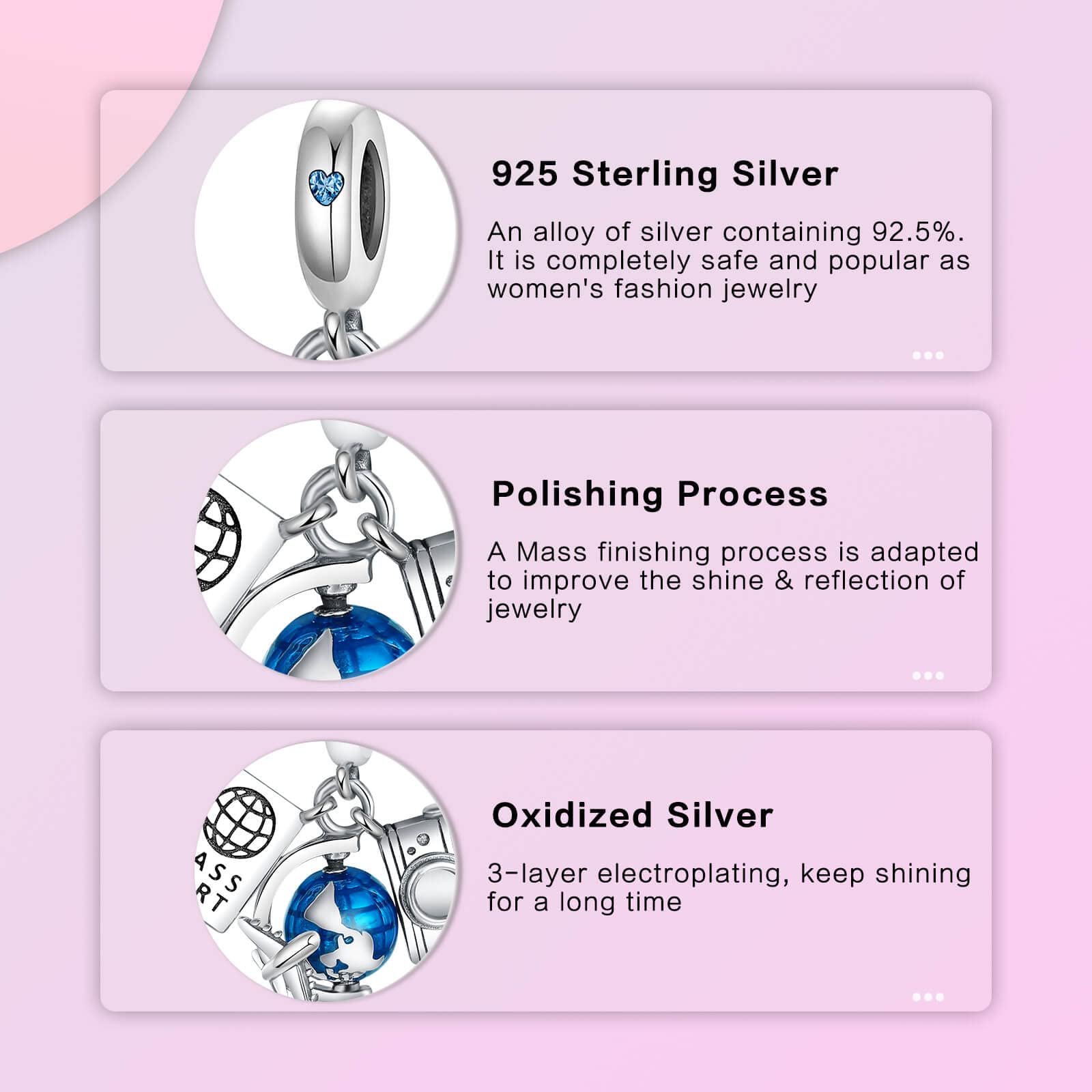 LUXILLA Airplane Passport Earth Camera Charm Silver Charms 925 Sterling Silver fits Bracelets Necklace Pendant Bead Charms Jewelry Gift for Women Family Friends