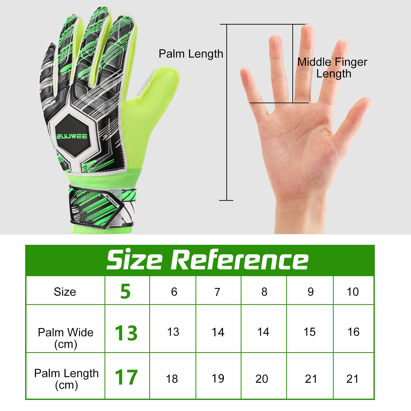 Zuuwee Soccer Goalie Gloves for Kids Size 5 Gal Youth Goalkeeper Finger Save Football Field Player Keeper Boys Girls Professional Protection Goaly Predator Glove 8-12 (Black and Green)