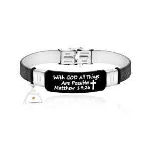 With God All Things Are Possible Cuff Wristband Bible Verse Bracelet Black, Triangle Mountain Mustard Seed Charm Y2154 (Black wrist-Black tag)