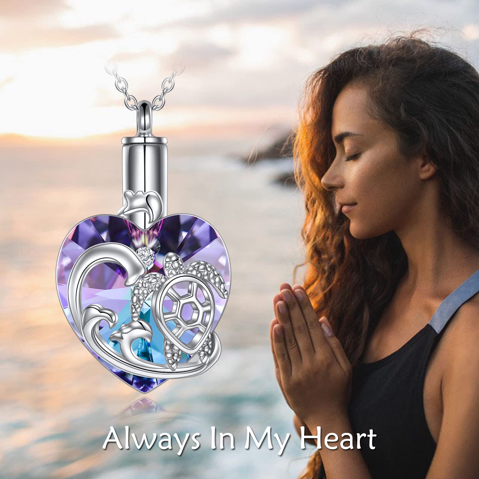 YFN Heart Crystal Urn Necklace for Ashes Cremation Jewelry Sterling Silver with Purple Blue Crystal Jewelry Gifts for Women Girls (Turtle)