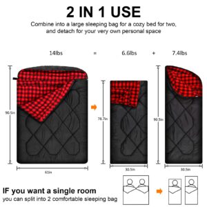 AGEMORE 0 Degree Double Sleeping Bag for Adults,Cotton Flannel Lined 2 Person Cold Weather Queen Size Sleeping Bag, Double Wide Warm Sleeping Bag for Family Winter Camping Or RV Traveling