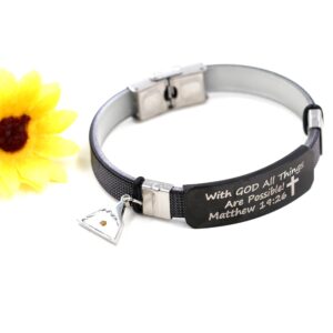 With God All Things Are Possible Cuff Wristband Bible Verse Bracelet Black, Triangle Mountain Mustard Seed Charm Y2154 (Black wrist-Black tag)