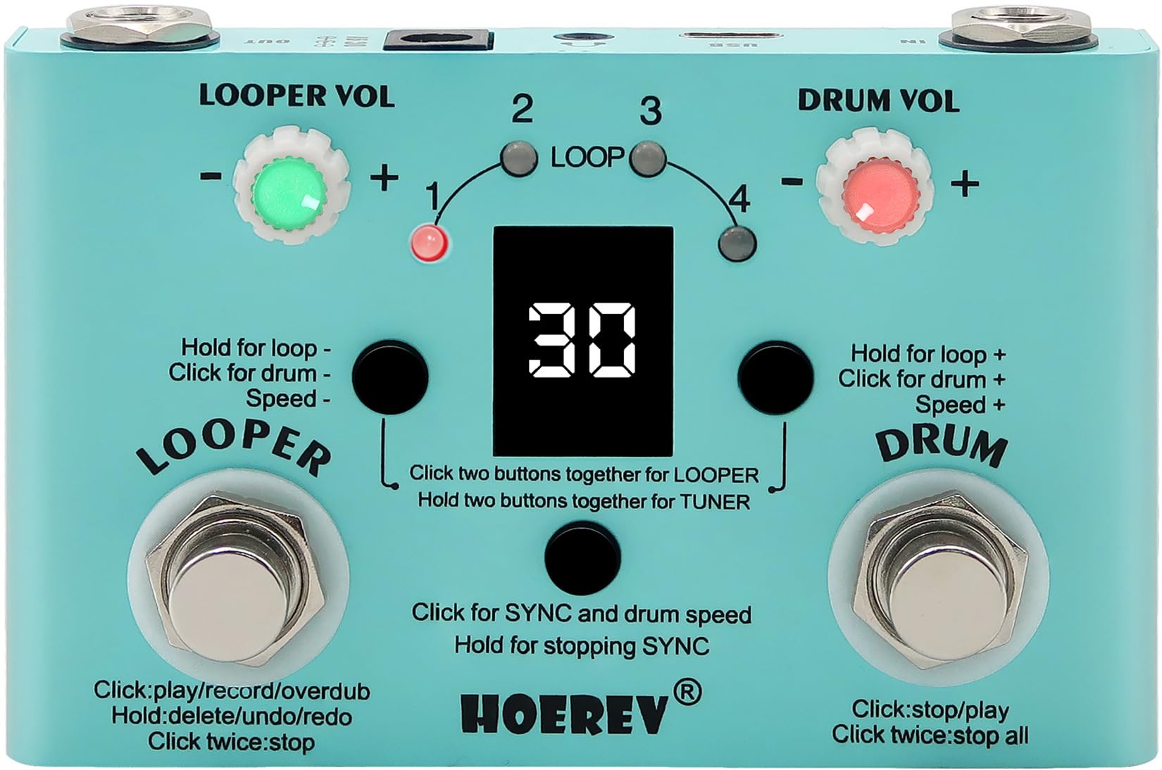 HOEREV Guitar Drum Machine Looper Tuner 3 In 1 Loop Pedal For Electric Guitar Bass Pedals Station Type C Can Be Power Supply Port