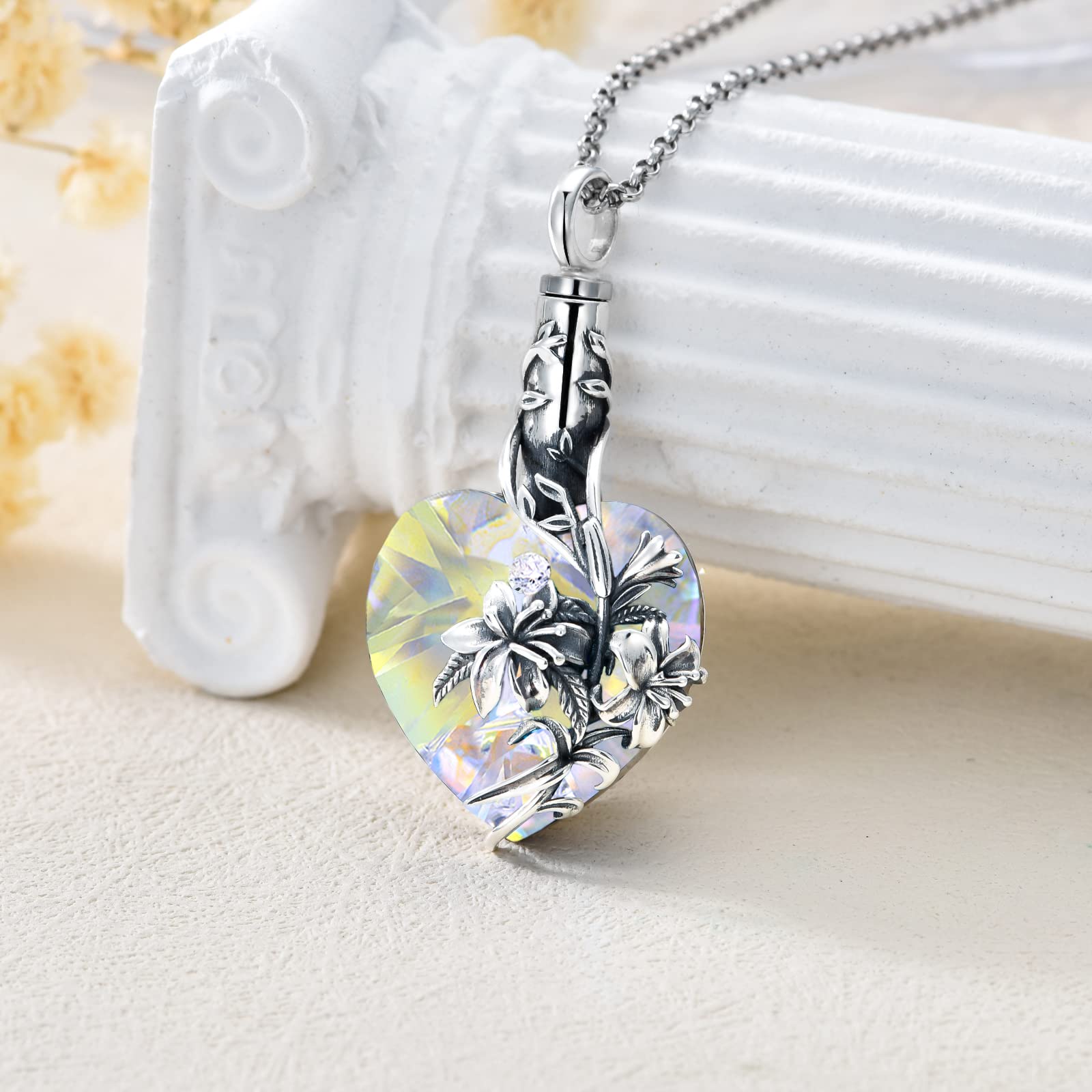 TOUPOP Lily Urn Necklace Heart Cremation Jewelry for Ashes 925 Sterling Silver Flower Pendant Necklaces with Crystal w/Funnel Filler Memorial Keepsakes Jewelry Gifts for Women Girls