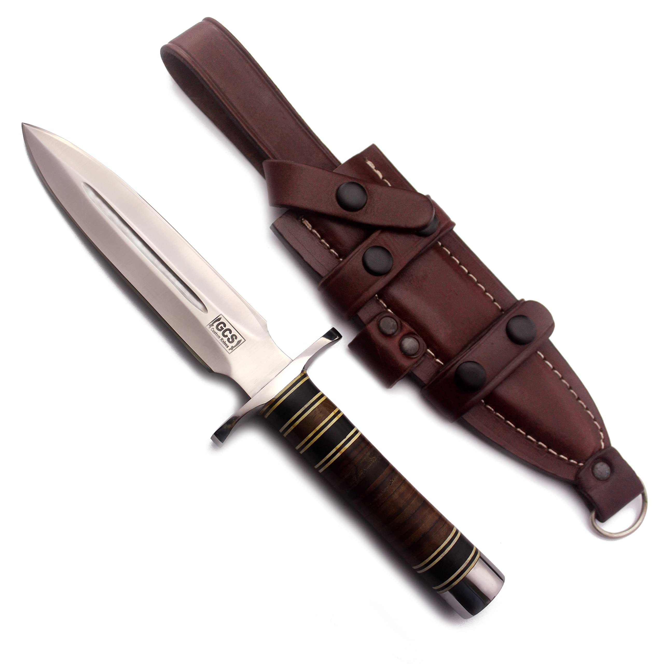 GCS Handmade Stacked Leather Handle D2 Tool Steel Tactical Hunting Knife with leather sheath Full tang blade designed for Hunting & EDC GCS 502