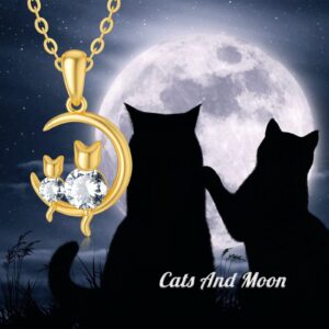 MRENITE Solid 14k Yellow Gold Cat Moon Necklace with Cubic Zirconia Cat Sitting on Crescent Moon Pendant Animal Jewelry Gifts for Women