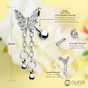 OUFER Butterfly Helix Piercing Jewelry,16G Surgical Steel Cartilage Earrings, Chain dangle Tragus Earrings, Clear CZ Forward Helix jewelry for Women