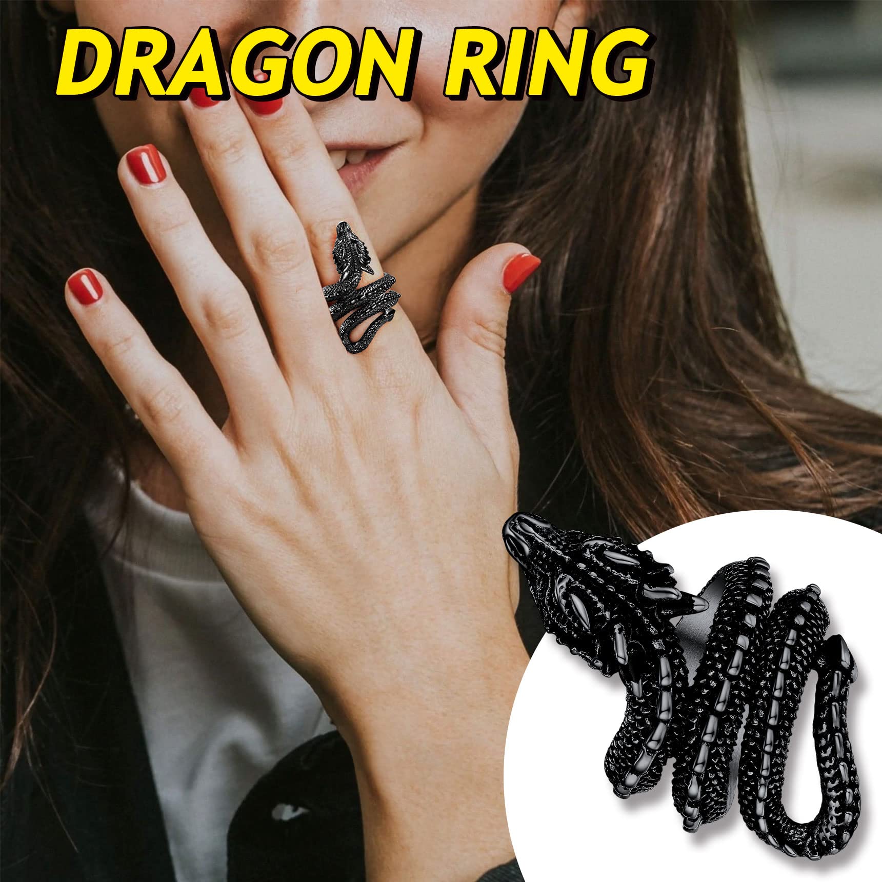 Bestyle Black Dragon Ring for Women Men Cool Rings Dragon Jewelry Gothic Punk Finger Rings Fashion Halloween Costumes for Women, Size 12