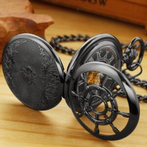 Whodoit Men's Mechanical Pocket Watch Black Rudder Pattern Double Open Hollow Roman Numerals Pocket Watch