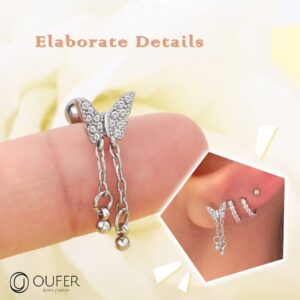 OUFER Butterfly Helix Piercing Jewelry,16G Surgical Steel Cartilage Earrings, Chain dangle Tragus Earrings, Clear CZ Forward Helix jewelry for Women