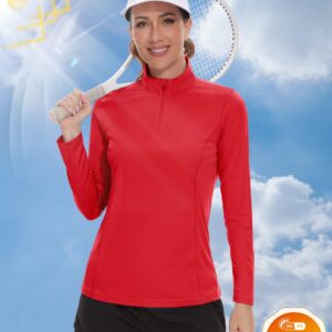 TACVASEN Women's Athletic Shirts Red Quarter Zip Pullover Womens UV Protection Shirts Rash Guard for Women Quick Dry, L