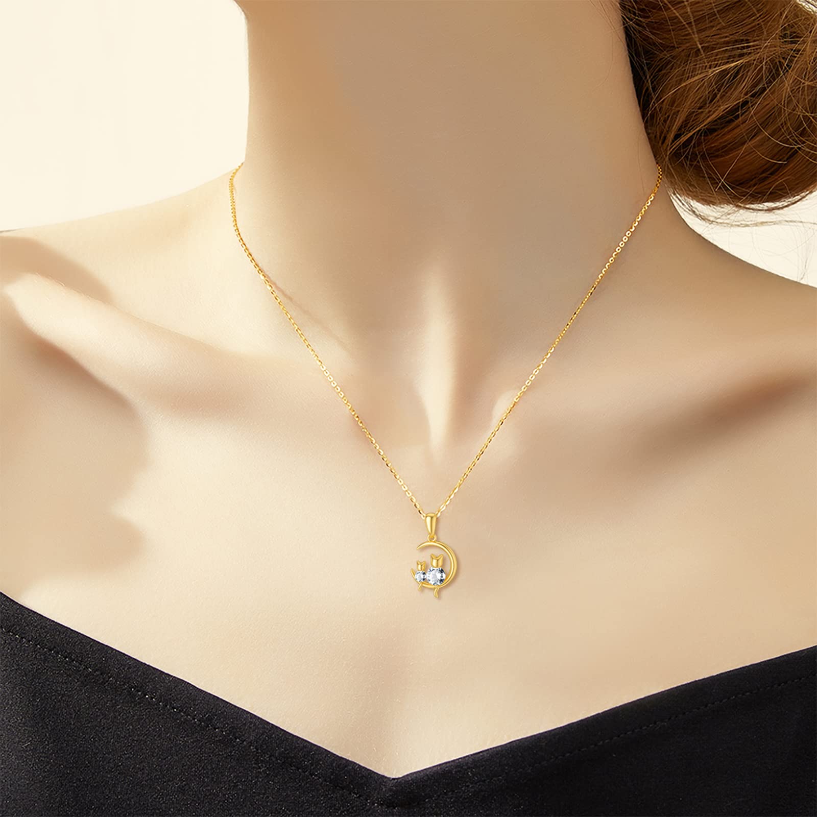 MRENITE Solid 14k Yellow Gold Cat Moon Necklace with Cubic Zirconia Cat Sitting on Crescent Moon Pendant Animal Jewelry Gifts for Women