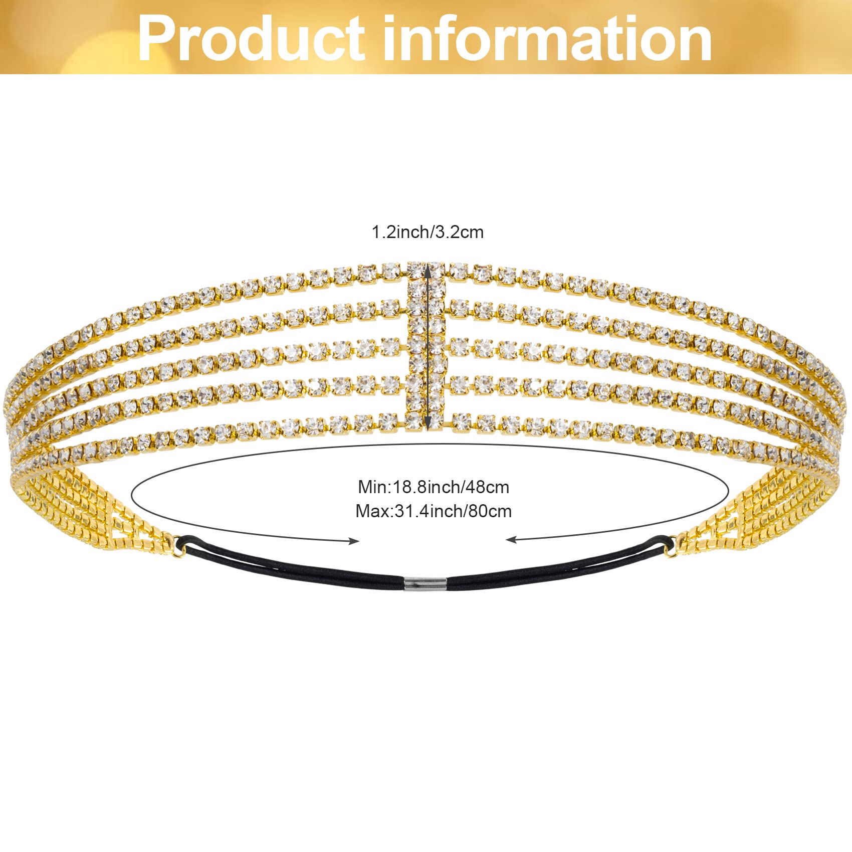 ANCIRS 2 Pack Multi Layered Elastic Headband for Women, Adjustable Rhinestone Bridal Headpieces, Stretchy Jewelry Hair Bands Accessories for Girls- Gold & Silver